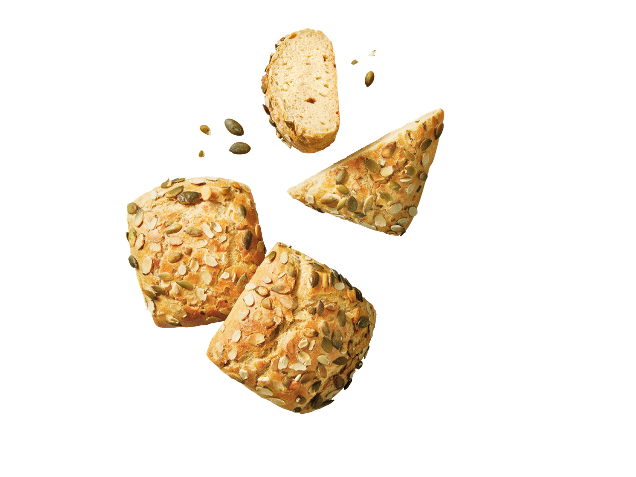 Vier Kürbiskernbrötchen schweben vor schwarzem Hintergrund.