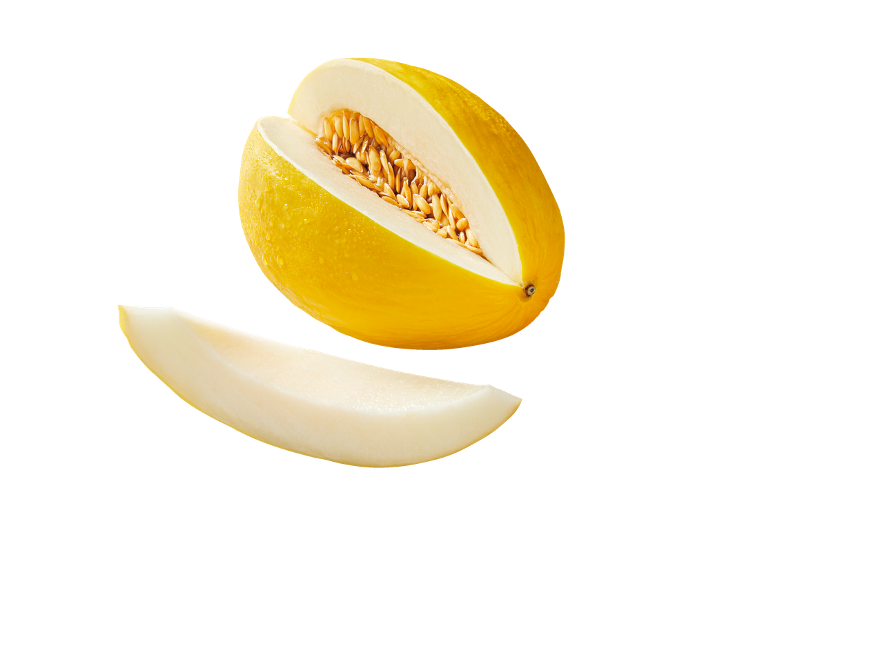 Halved yellow melon and a slice.