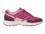 Pink and purple athletic shoe with yellow accents and a white sole.