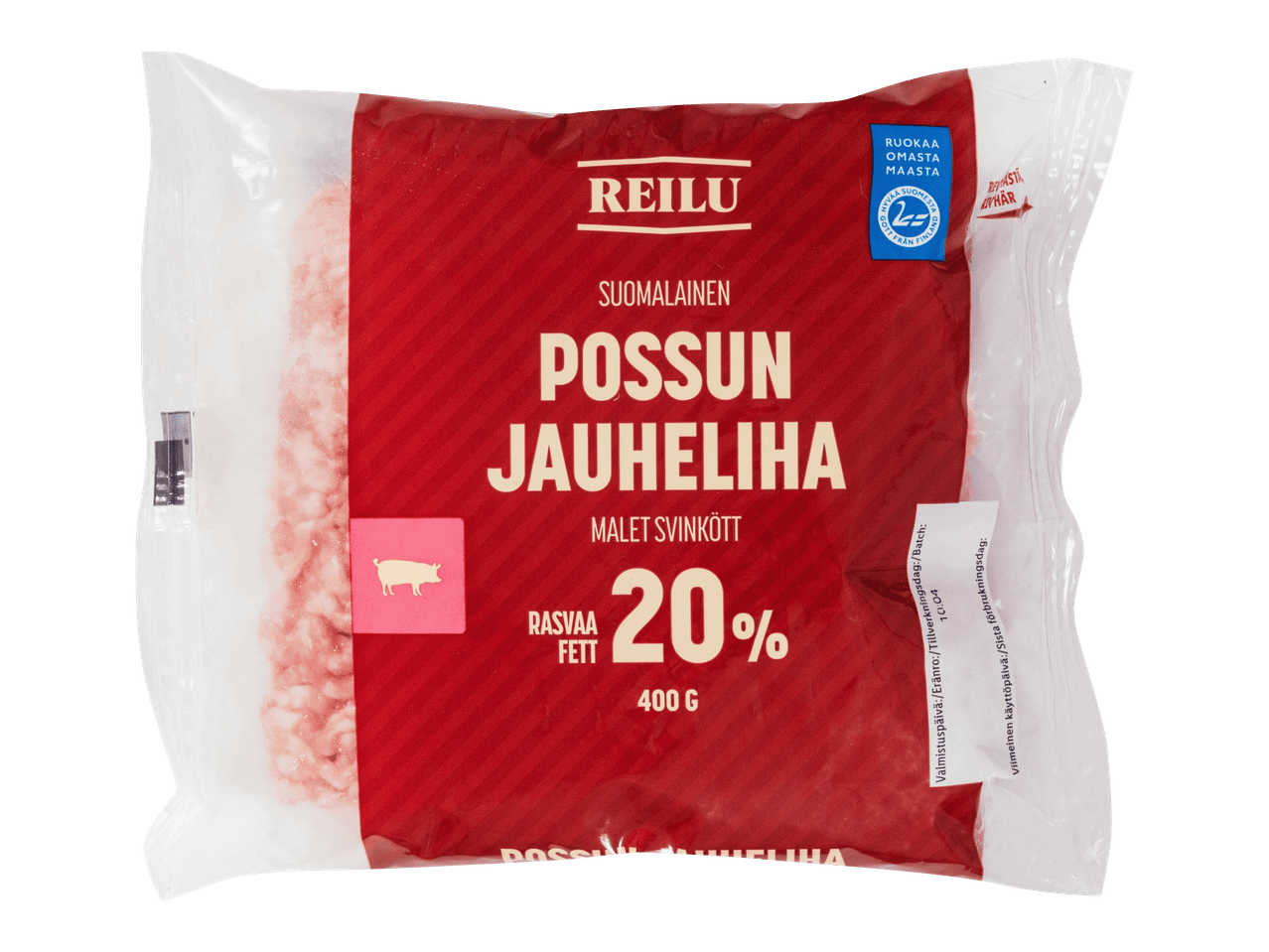 Reilu jauhelihapaketti, jossa lukee 'POSSUN JAUHELIHA' ja 'RASVAA 20%'.