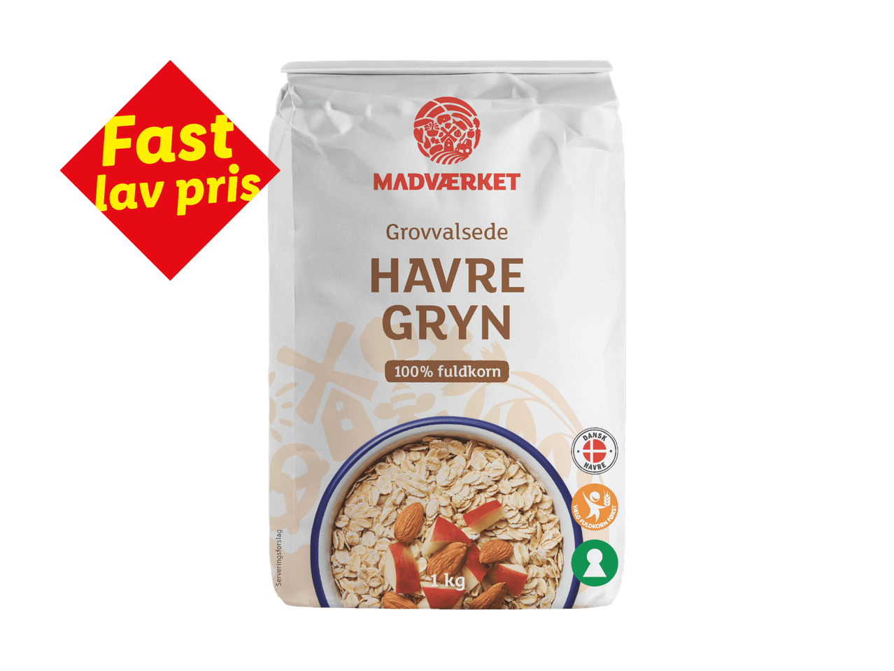 Pose med grovvalsede havregryn, mærket med 'Fast lav pris' og '100% fuldkorn'.
