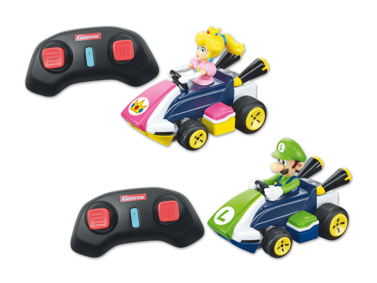 Zwei ferngesteuerte Mario Kart Rennwagen mit Peach und Luigi.