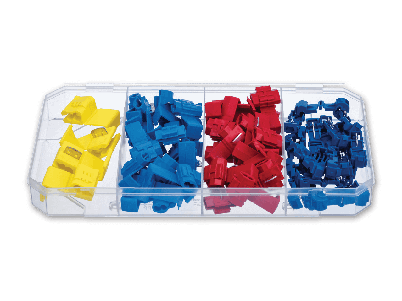 Sortiment von gelben, blauen und roten Stromdieben in einer transparenten Box