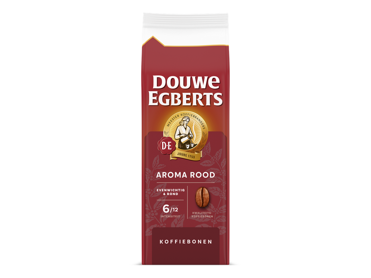 Rood pak koffiebonen met de tekst 'Aroma Rood', 'Evenwichtig & Rond' en 'Kwaliteits-koffiebonen'.