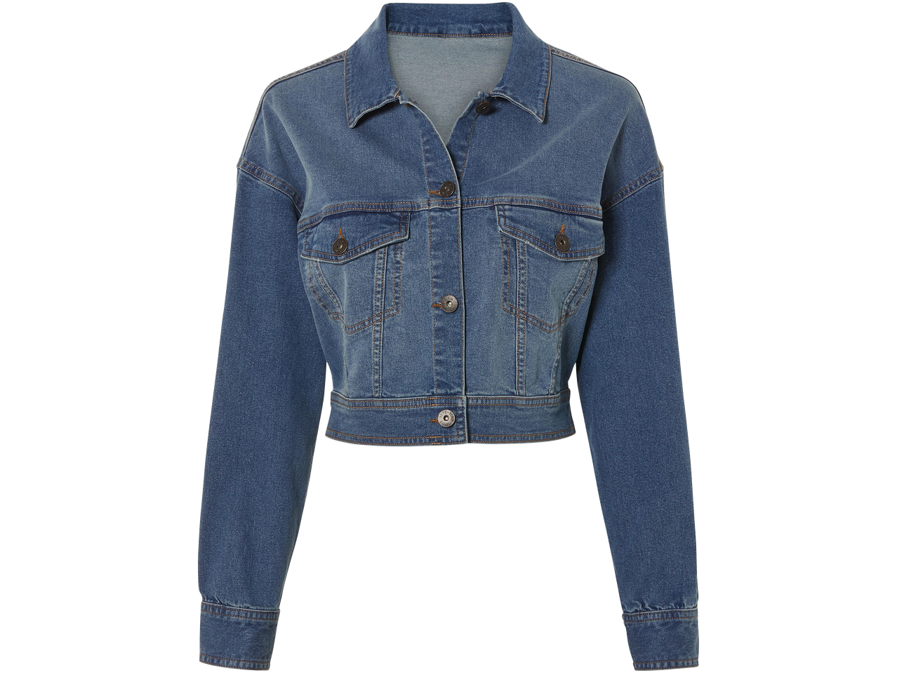 Kék farmerdzseki, elöl gombokkal és zsebekkel.