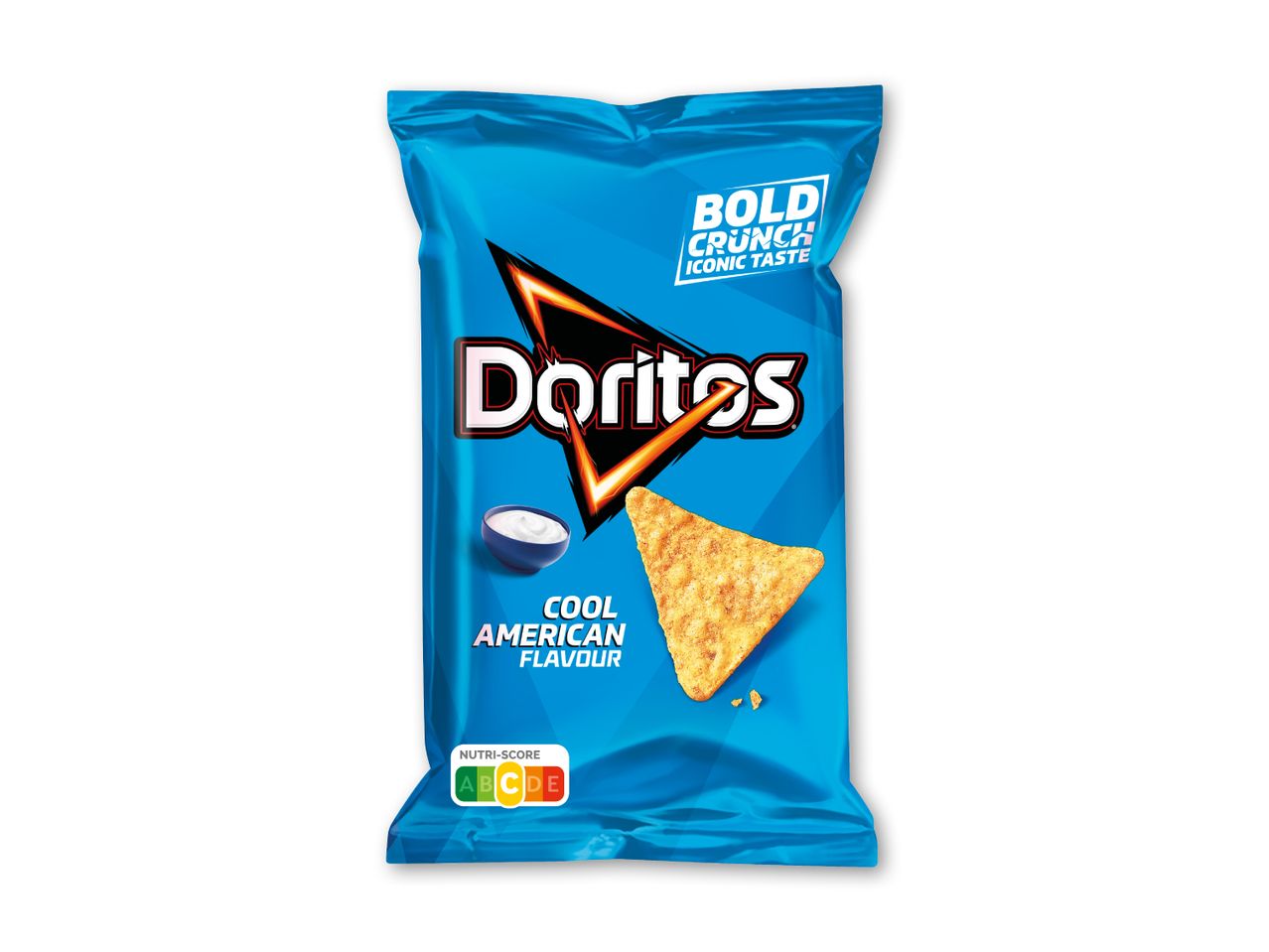 Blå pose med majschips med cool amerikansk smag og en skål dip.