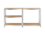 Two metal shelving units with wooden shelves.