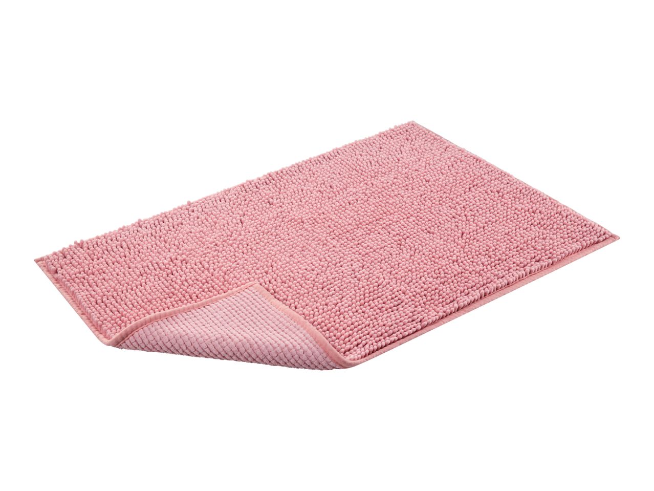 A pink bath mat is shown, folded slightly to reveal the underside.