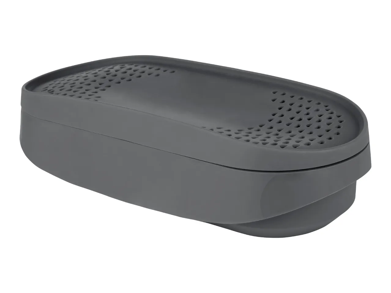Gray rectangular container with a perforated lid, angled view.