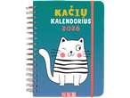 2026 m. kalendorius su animaciniu katinu ir užrašu „Kačių kalendorius 2026“.