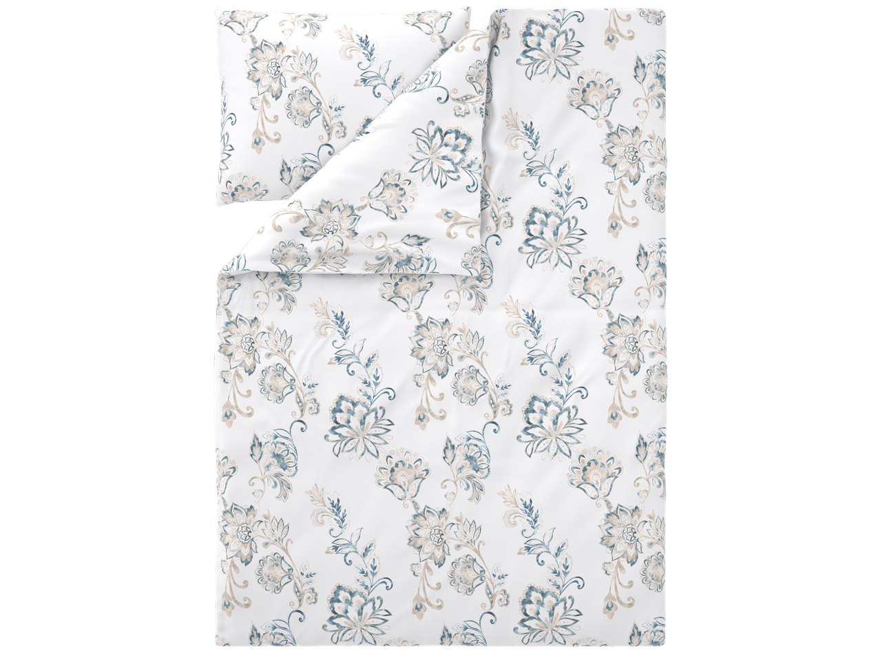 Patalynės komplektas su pagalvės ir antklodės užvalkalais su mėlynai smėlio spalvos gėlių raštu