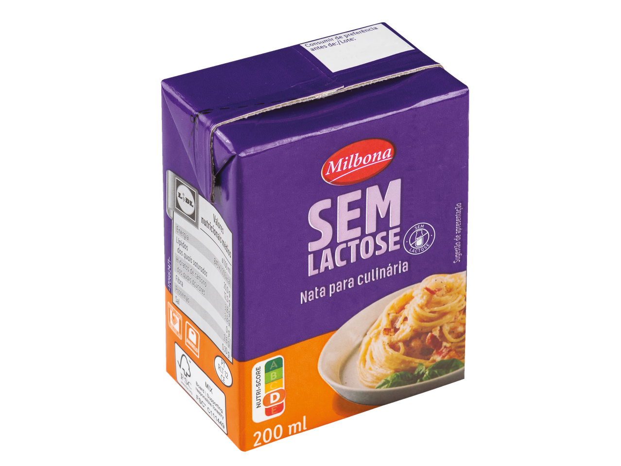 Milbona natas para culinária sem lactose (200 ml) com Nutri-Score D e sugestão de apresentação de massa.