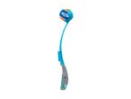 Blue and grey dog ball launcher with an orange and blue ball.
