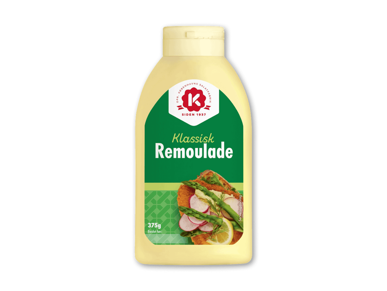 Gul flaske med remoulade, grøn etiket med teksten 'Klassisk Remoulade' og et smørrebrød.