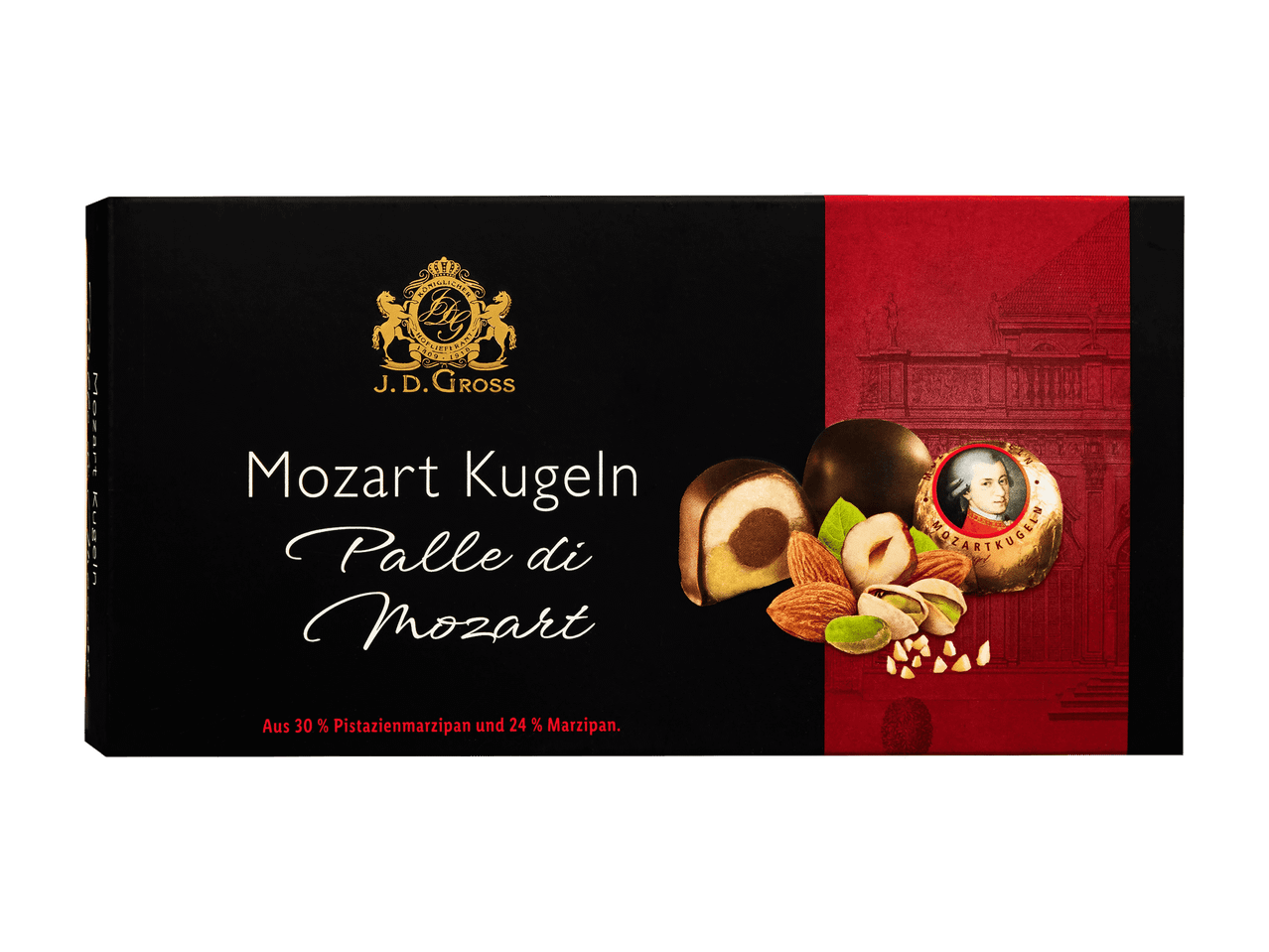 Une boîte de boules de Mozart avec du massepain à la pistache et du massepain.