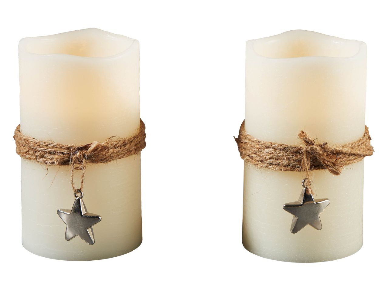 Deux bougies LED décoratives en cire avec cordelette et étoile métallique