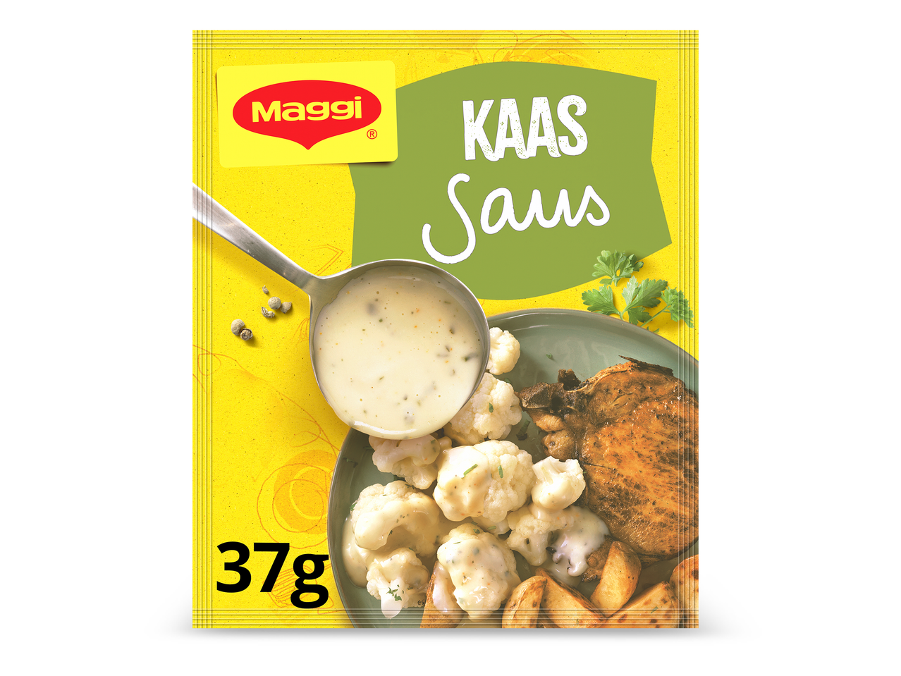 Een verpakking kaassaus van 37 gram met een serveersuggestie.