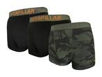 Three pairs of men's boxer briefs, two black and one camouflage, with branded waistbands.