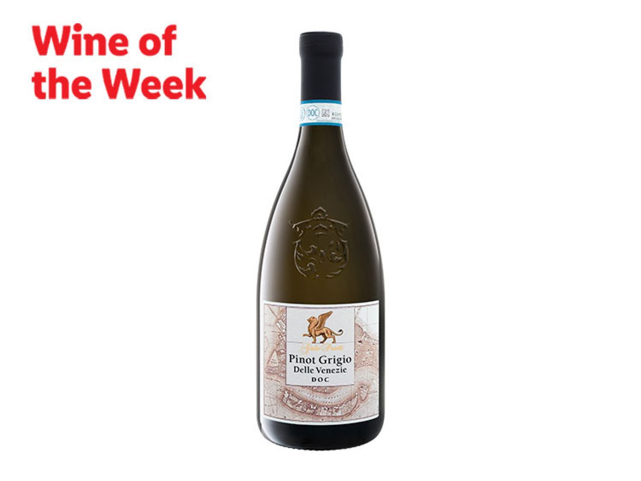 A bottle of Pinot Grigio Delle Venezie DOC wine, labeled as 'Wine of the Week'.