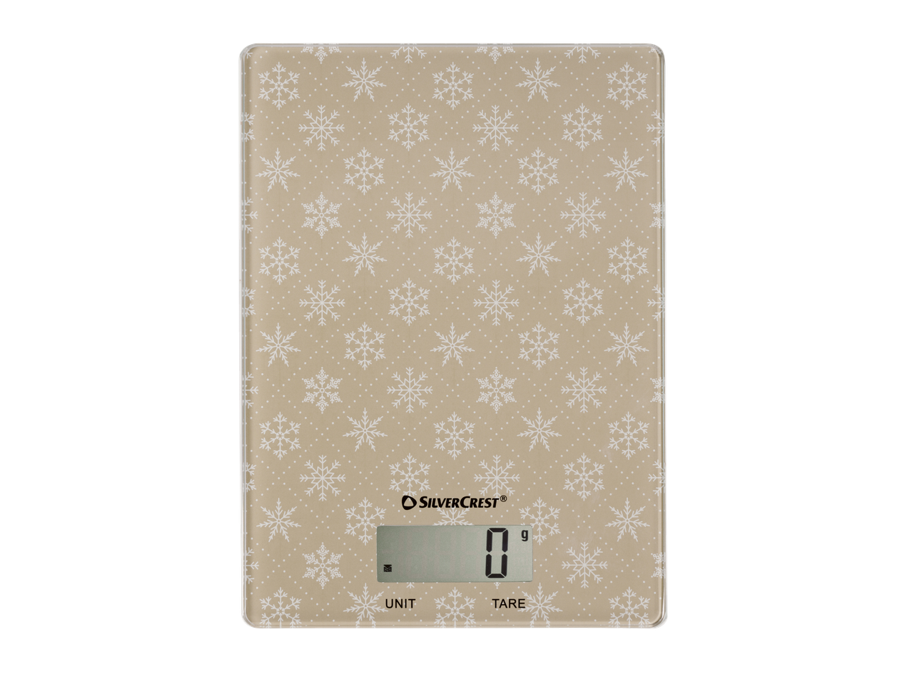 Silvercrest® digitālie virtuves svari ar sniegpārslu rakstu, rāda 0 g.