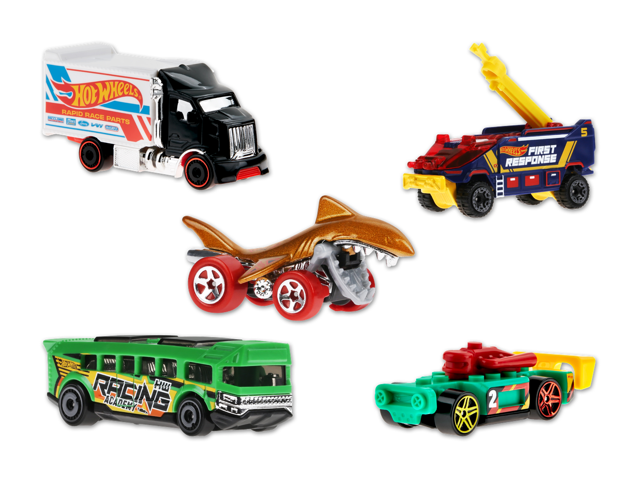 Fünf Hot Wheels Fahrzeuge: ein Lastwagen, ein Abschleppwagen, ein Dino-Fahrzeug, ein Schulbus und ein Militärfahrzeug.