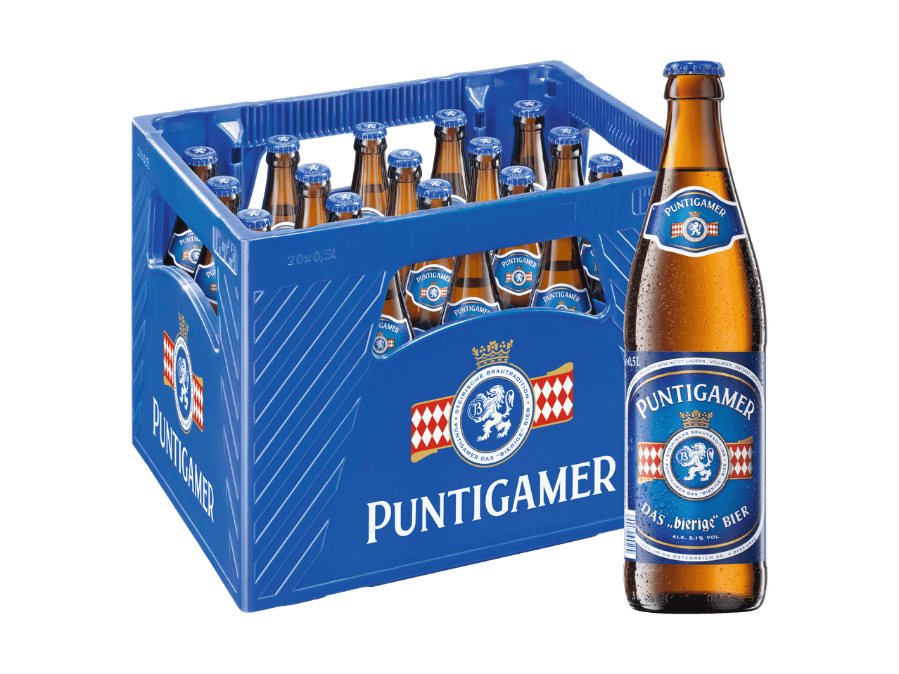 Eine Kiste Puntigamer Bier mit einer einzelnen Flasche im Vordergrund.