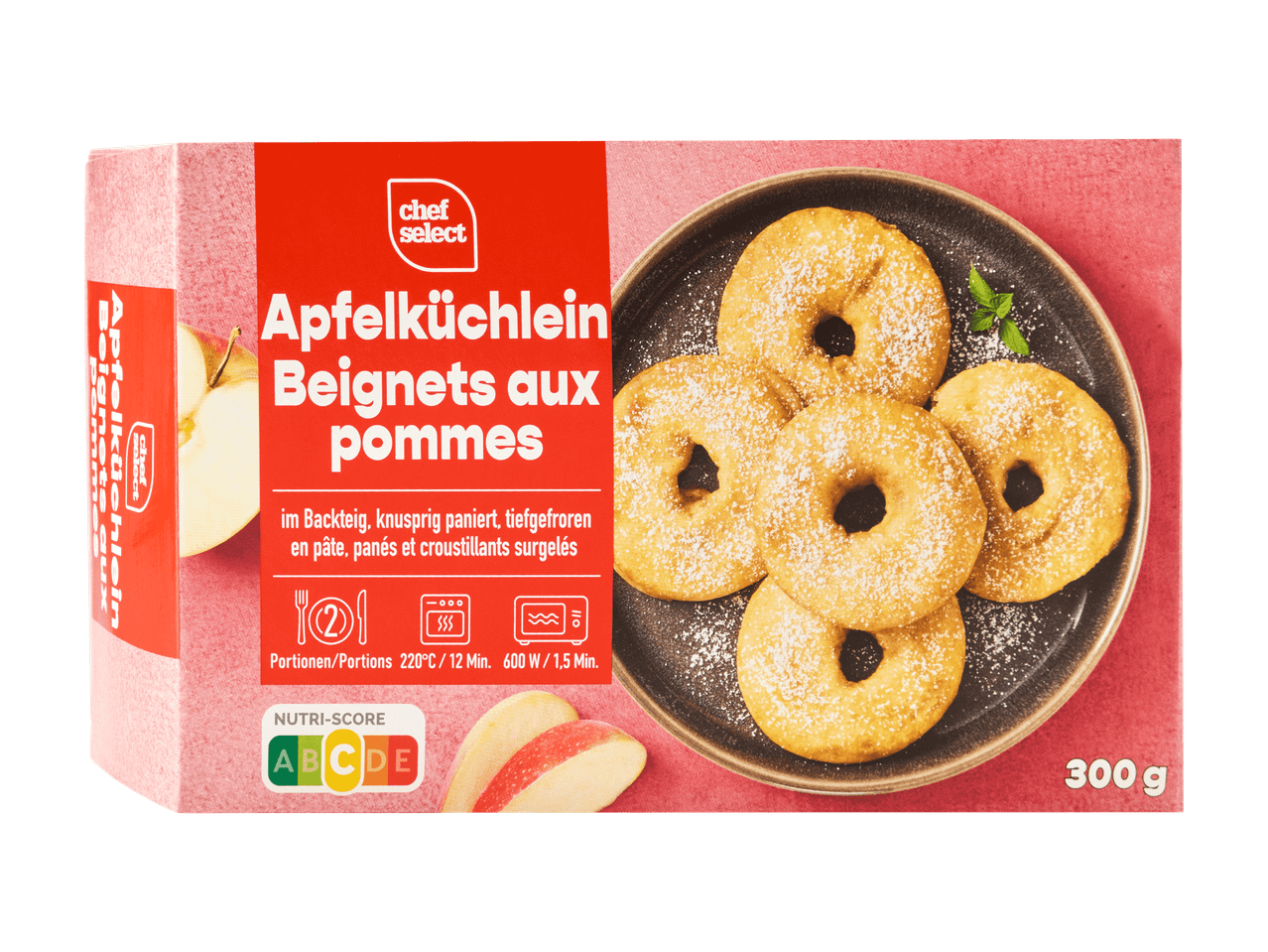 Packung Apfelküchlein mit Nutri-Score A, mit Apfelküchlein bestreut mit Puderzucker auf einem Teller.