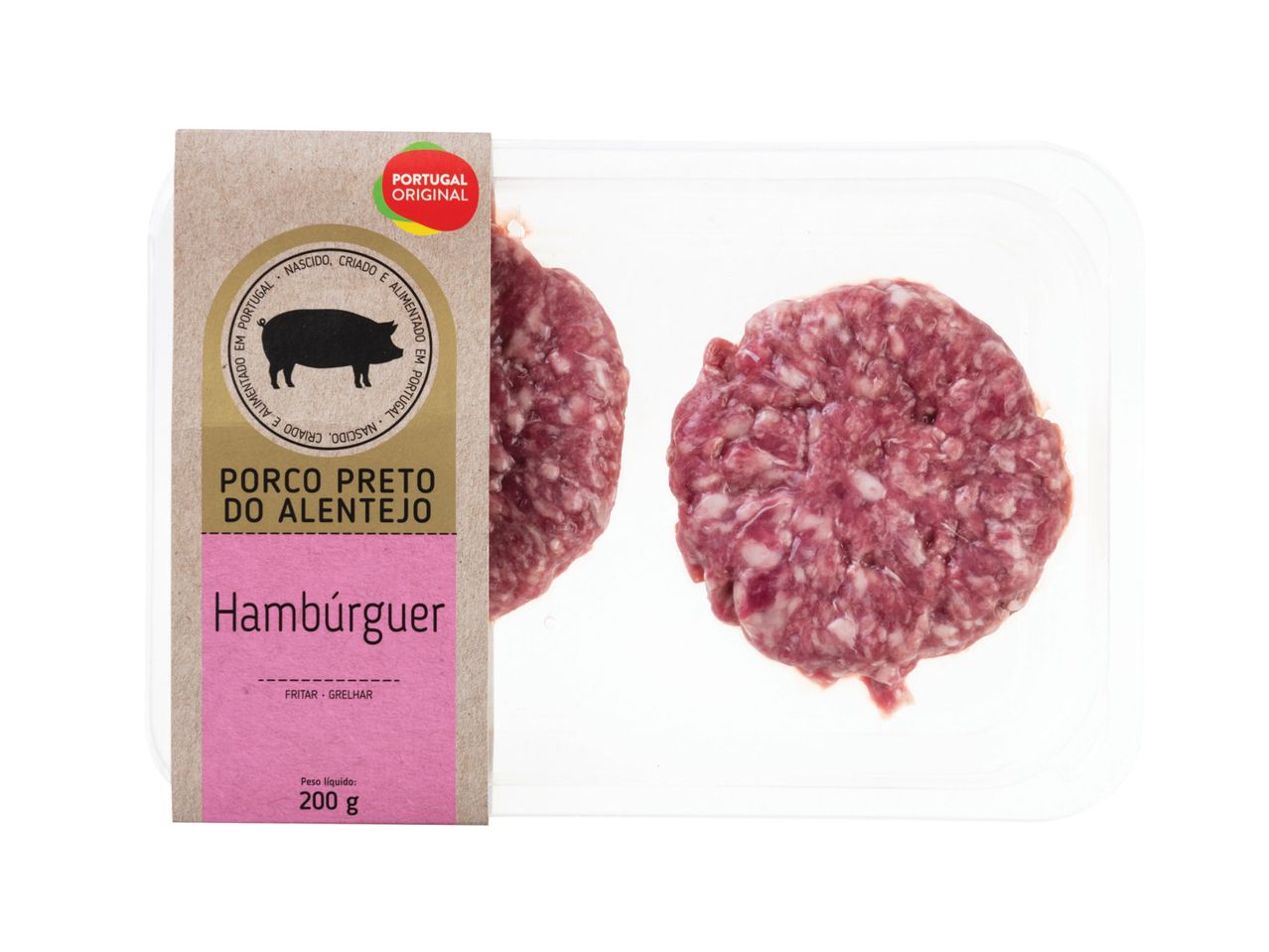 Duas hambúrgueres de porco Porco Preto do Alentejo.