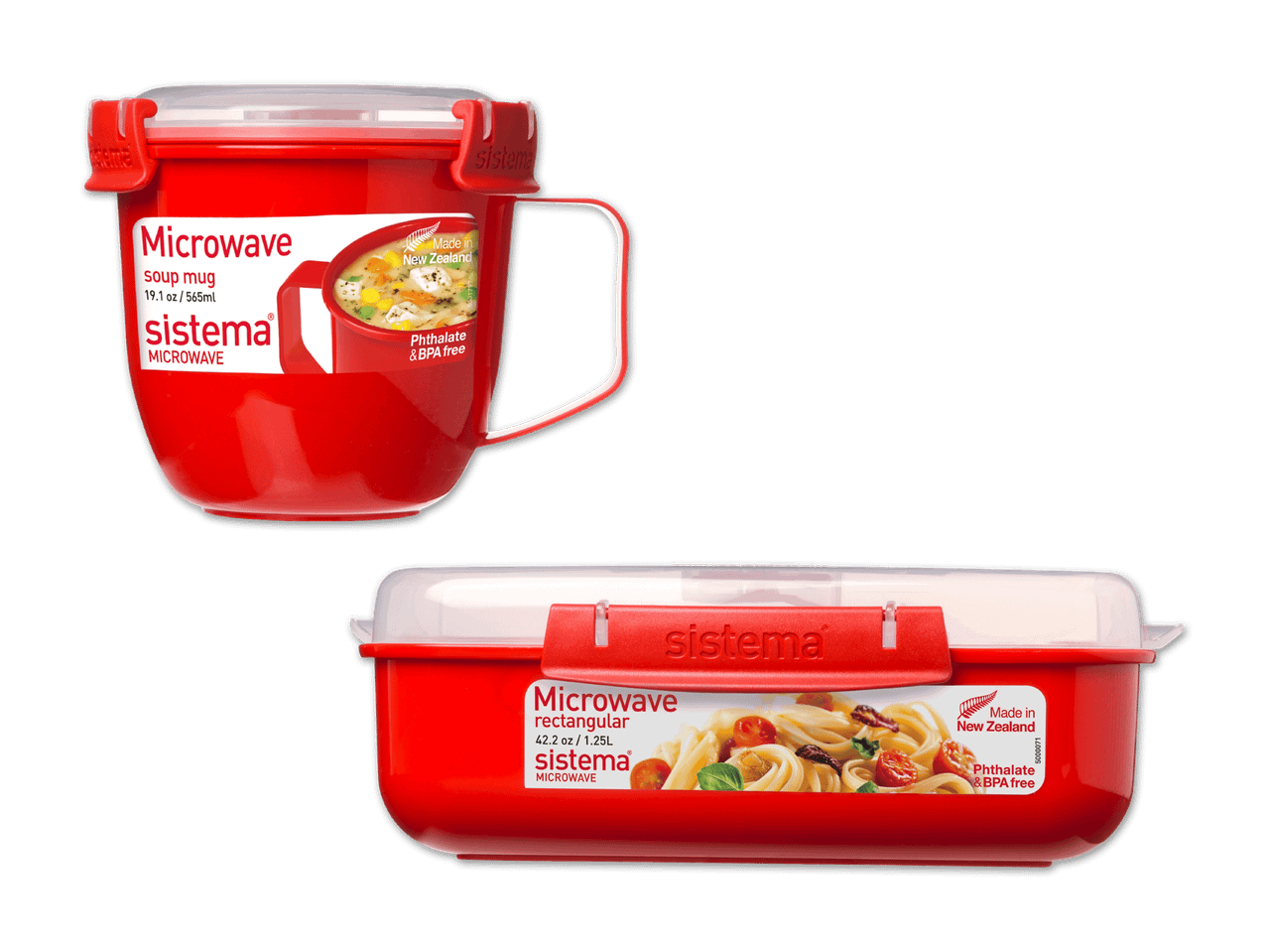 Zwei rote Sistema Mikrowellenbehälter: eine Suppentasse und eine rechteckige Box.