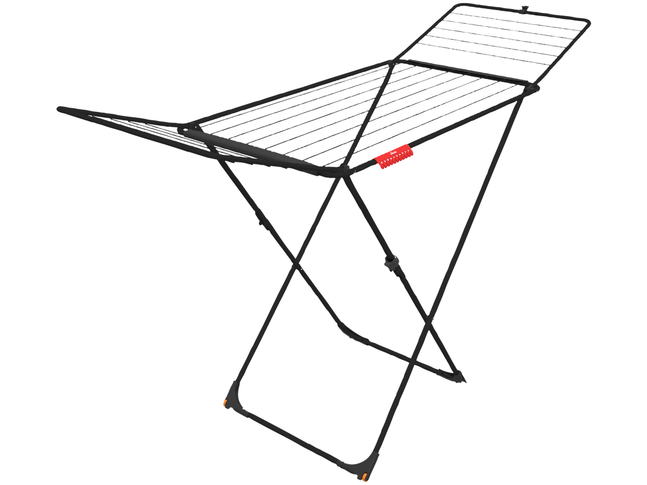 Black clothes drying rack with red clip holders, angled view.