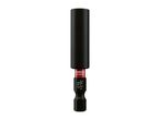 Black magnetic bit holder with a red band and white text, featuring a hexagonal drive.
