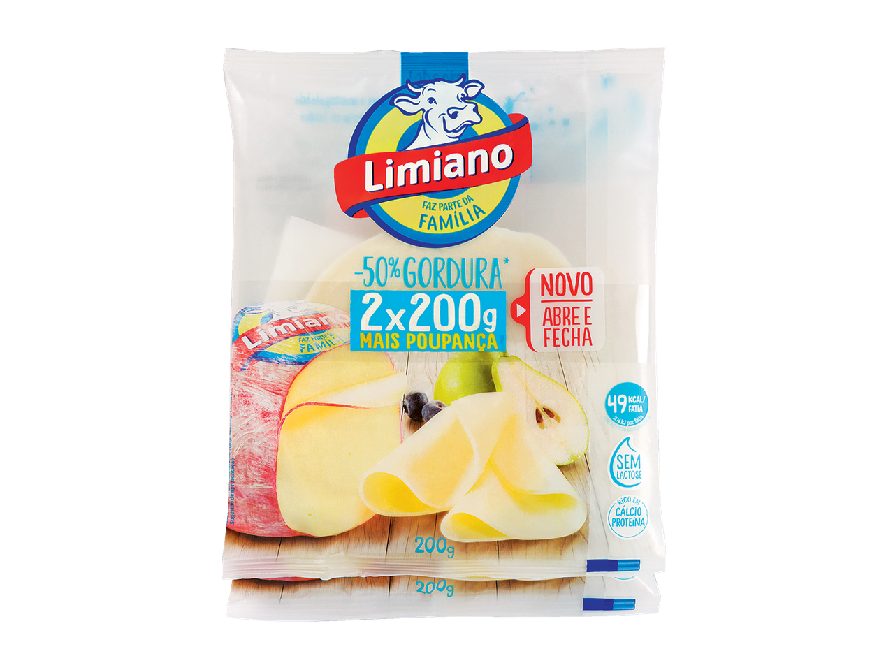 Limiano Queijo em Fatias Light Pack Familiar, 2x200g, 50% menos gordura, sem lactose, rico em cálcio e proteína.