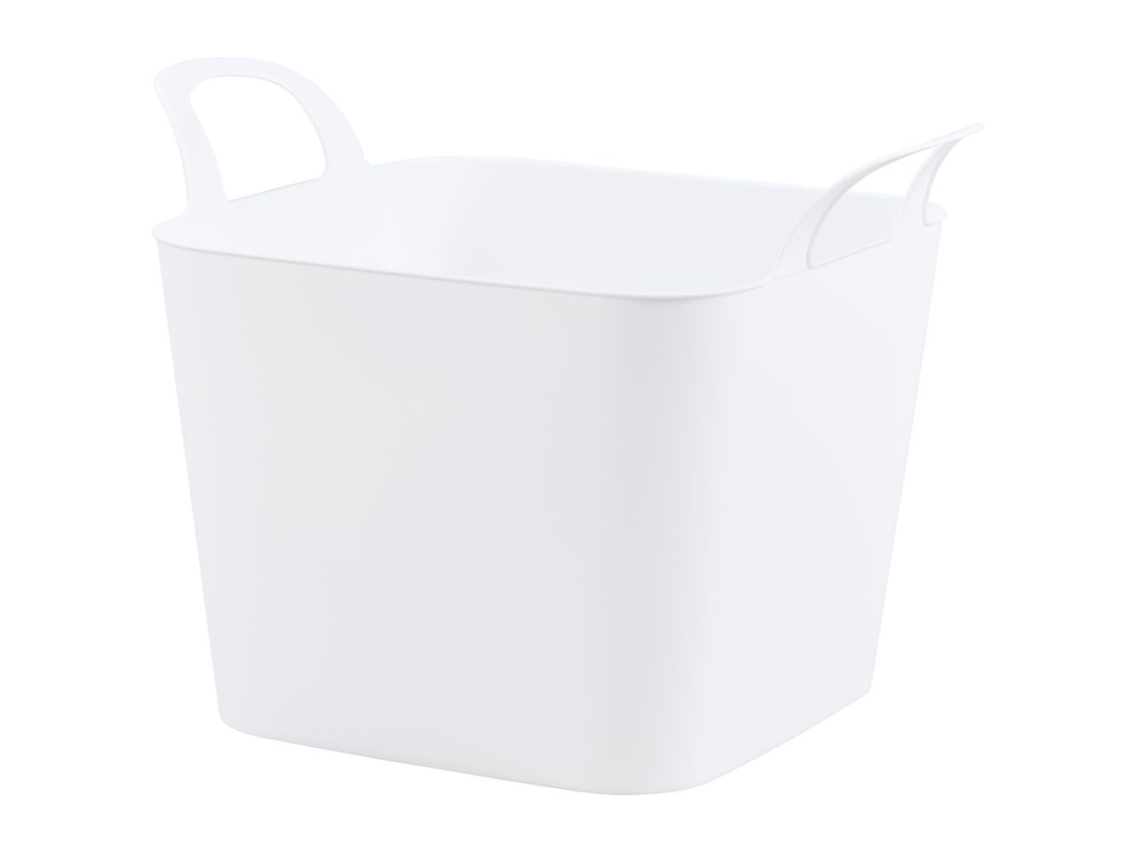White plastic storage basket with handles