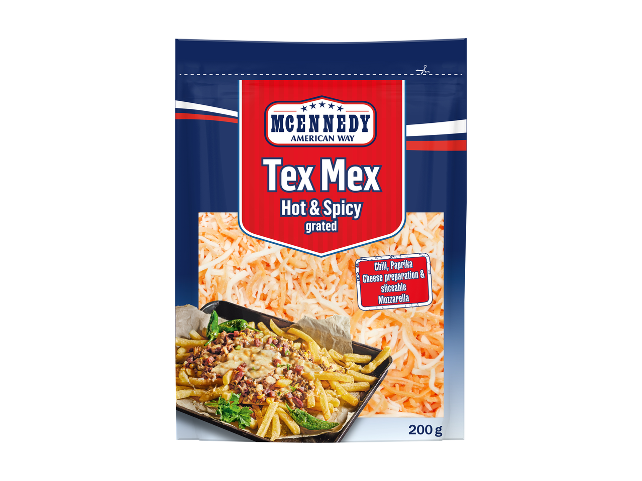 MCENNEDY Tex Mex Hot & Spicy riivjuustusegu friikartulite ja tšilliga.