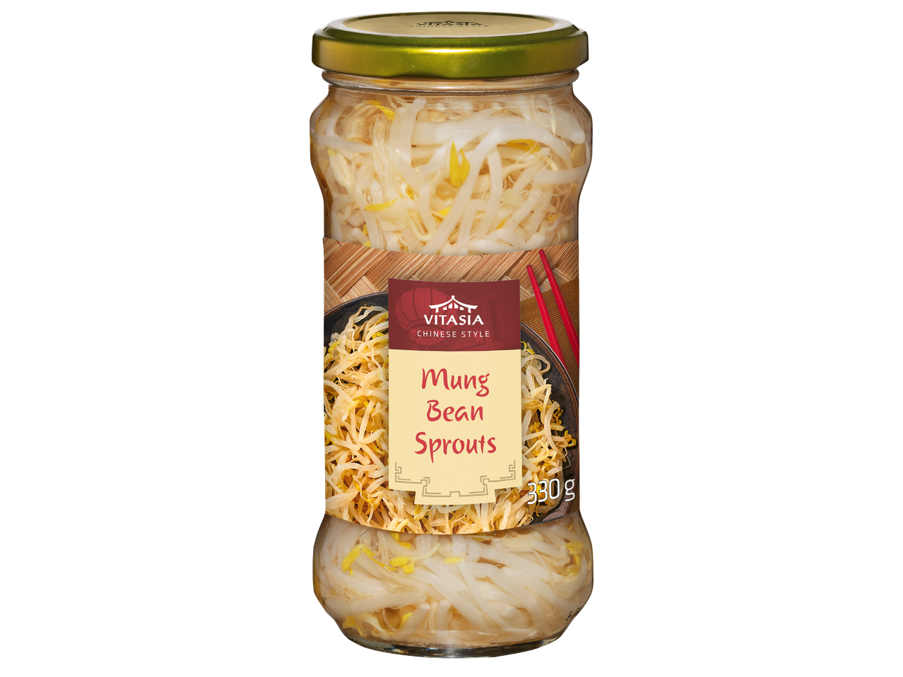 Стъклен буркан с кълнове от мунг боб, етикет с надпис „Mung Bean Sprouts“ и тегло 330g.