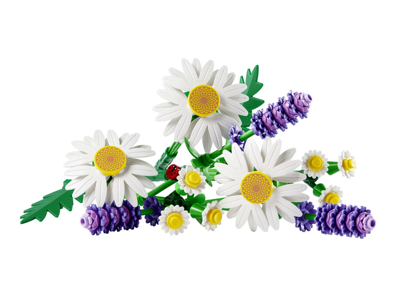 A bouquet of white daisies and purple lavender flowers with a ladybug, made from building blocks.