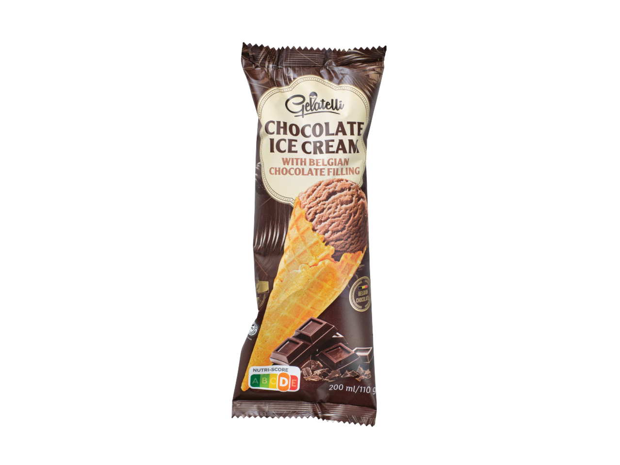 Šokolādes saldējums vafeļu konusā ar beļģu šokolādes pildījumu.