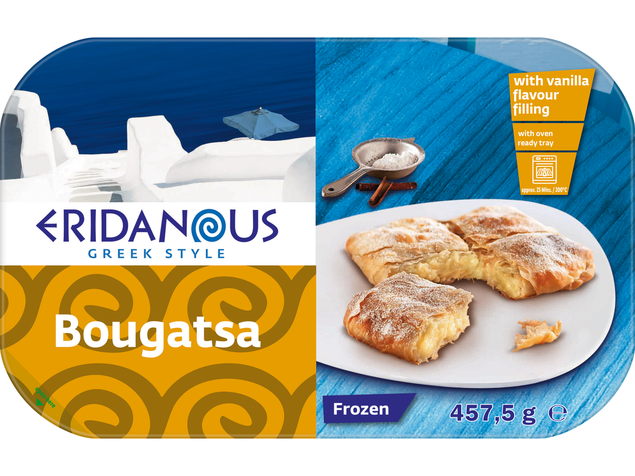 Eridanous Bougatsa med vaniljsmak, fryst, 457,5g, med grekiskt tema.