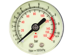 Ultimate Speed mini compressor pressure gauge, showing 100 psi or 7 bar.