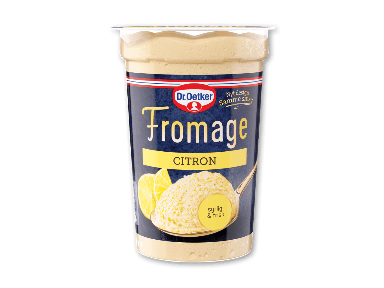 En beholder med citronfromage, med en ske fuld af fromage og citronskiver.