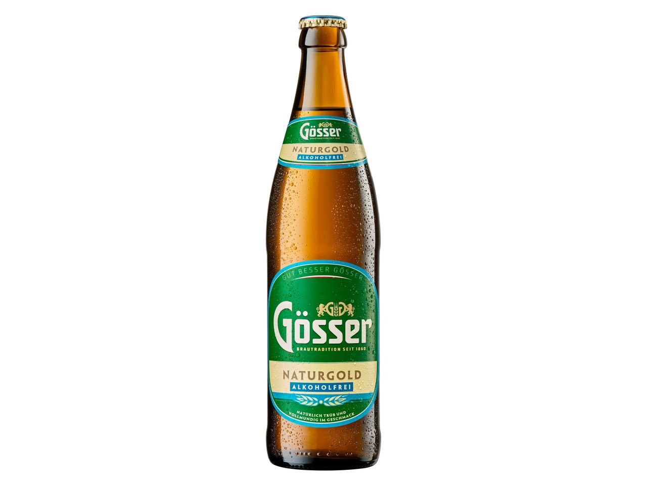 Eine Flasche Gösser Naturgold alkoholfreies Bier.