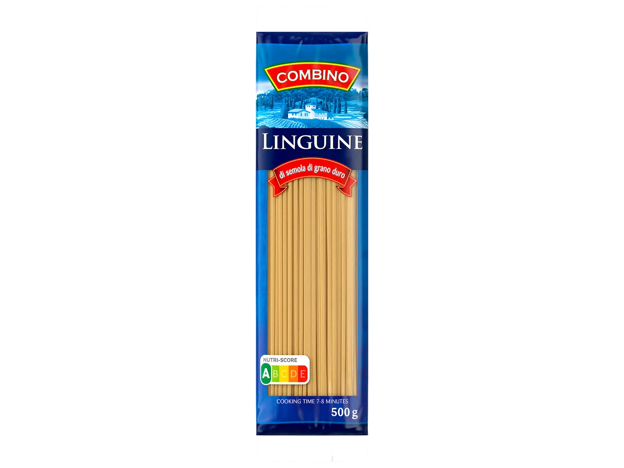 Paquet de linguine de semoule de blé dur, avec Nutri-Score A et temps de cuisson de 7-8 minutes.