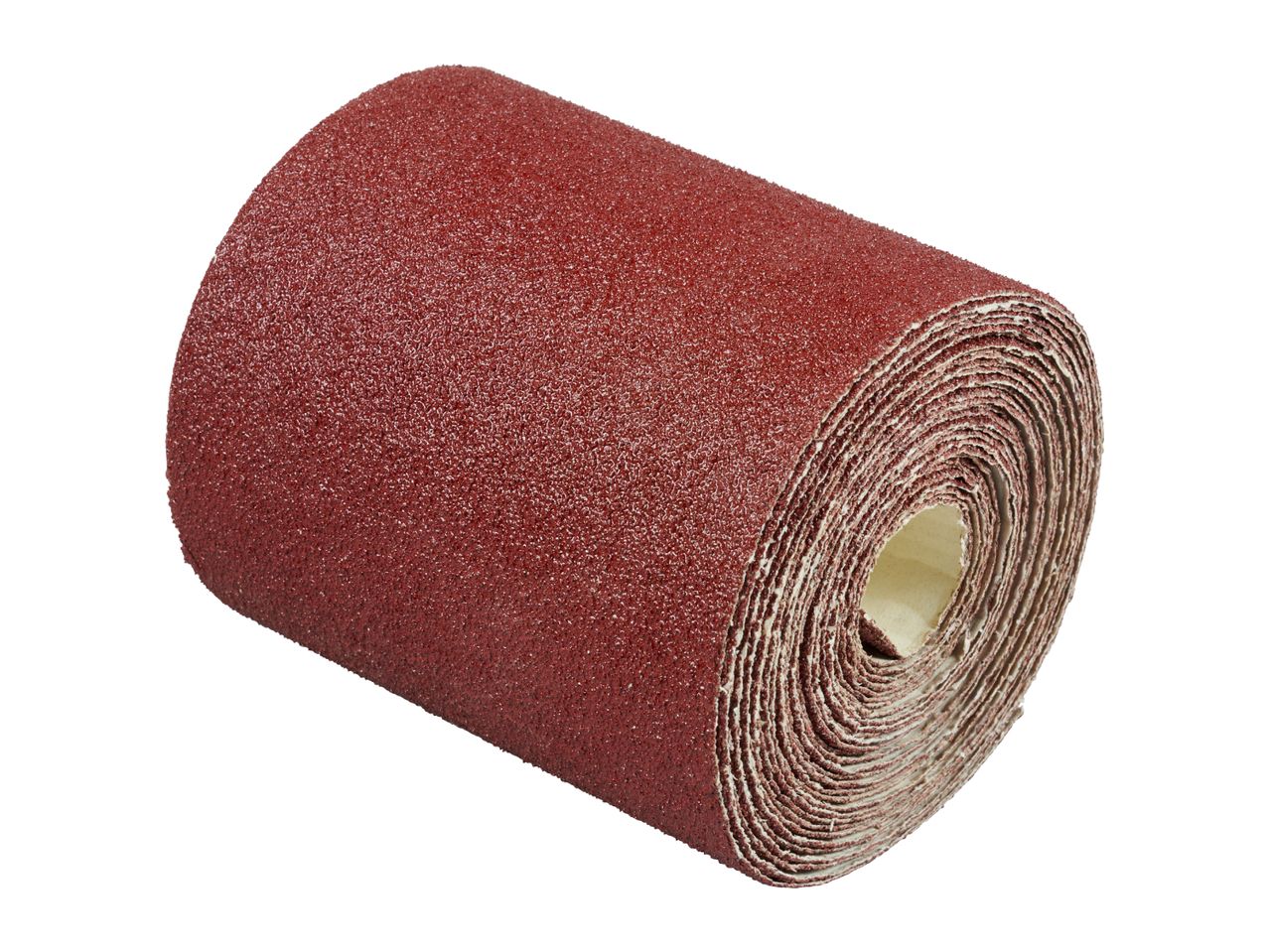 Roll of red sandpaper with a coarse grit, isolated on a white background.