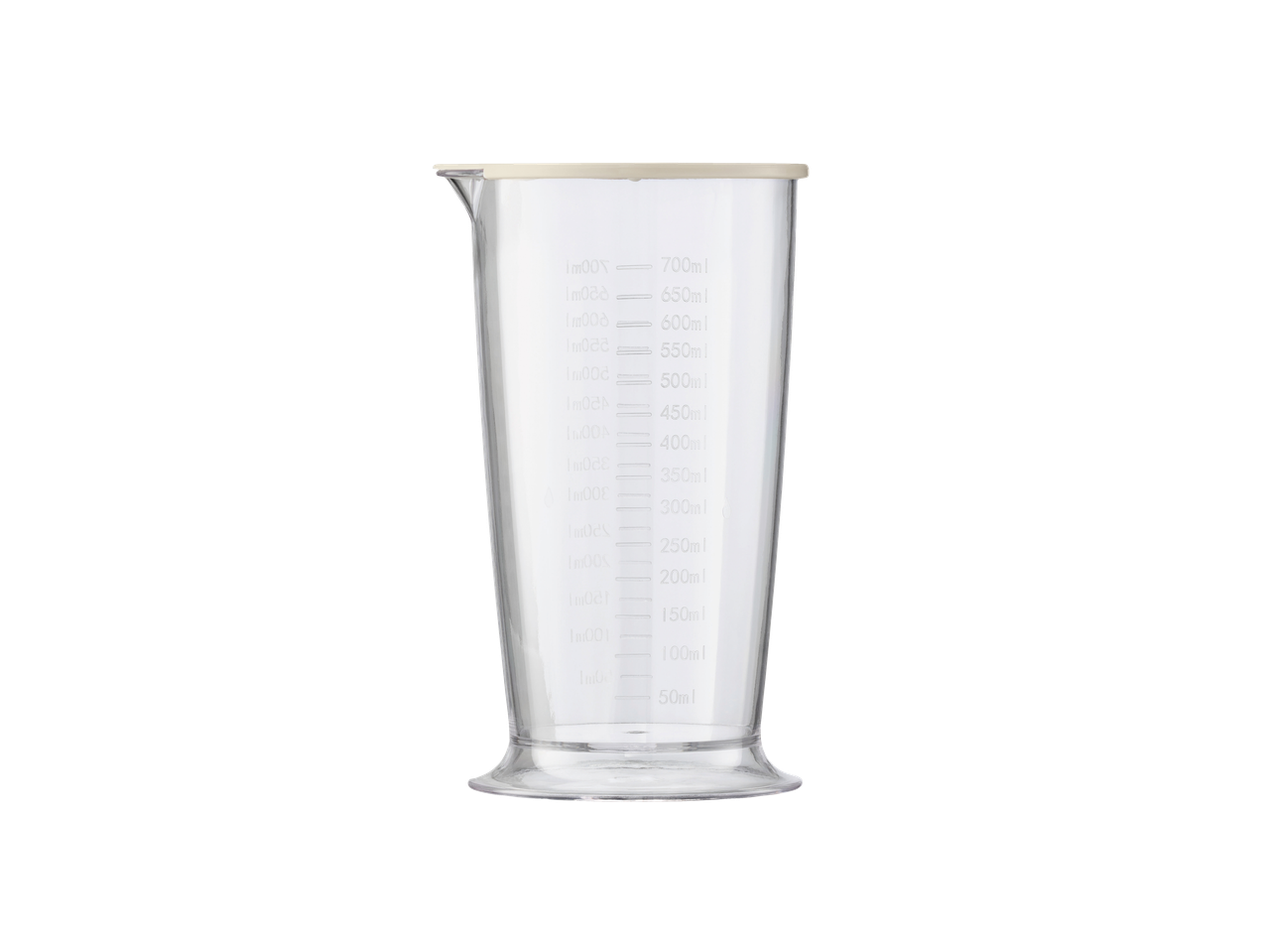 A clear measuring cup with volume markings from 50ml to 700ml, part of a hand blender set.