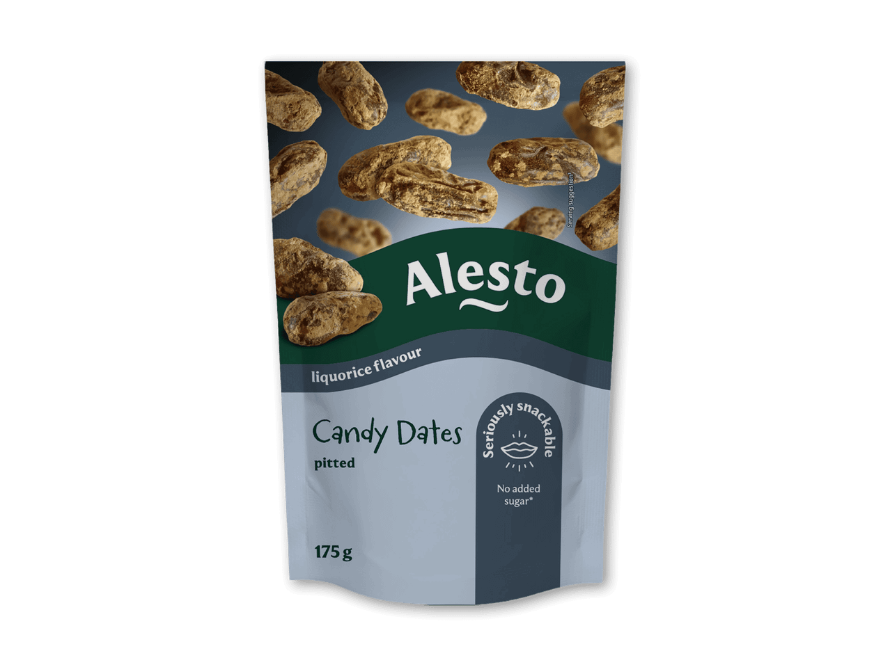 Pose med lakrids-dadelkonfekt, der er udstenede og uden tilsat sukker.