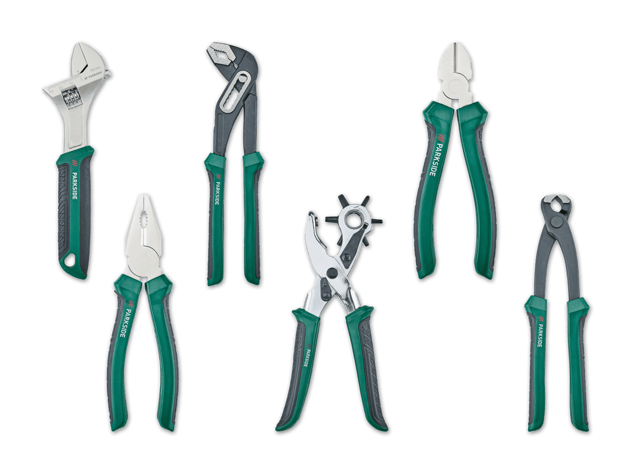 Eine Auswahl an Zangen und einem verstellbaren Schraubenschlüssel mit grünen Griffen.