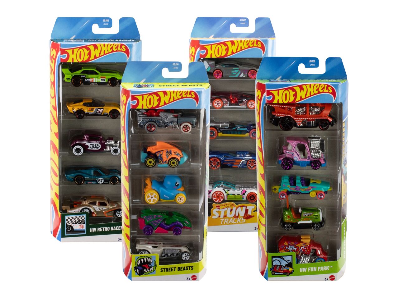 Vier Hot Wheels 5er-Packs mit verschiedenen Themen: Retro Racer, Street Beasts, Stunt Tracks und Fun Park.