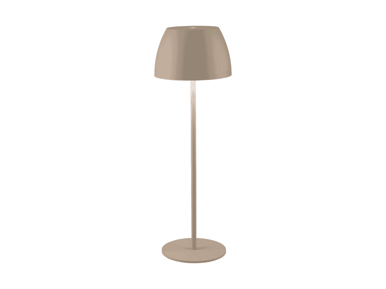 En beige gulvlampe med en konisk skærm og en rund base.