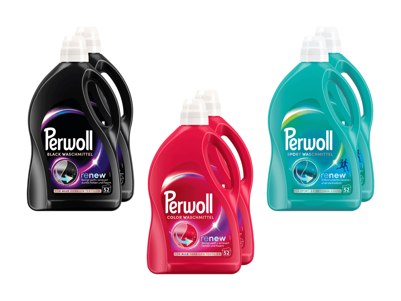 Drei Doppelpacks Flüssigwaschmittel für schwarze, bunte und Sportkleidung.