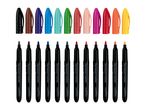 A row of colorful permanent markers with their caps above, showing various colors.